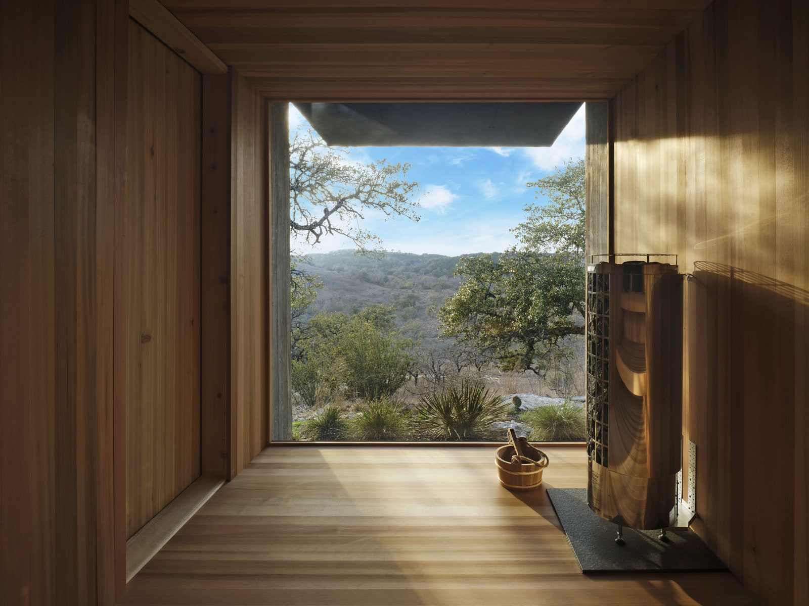 A view from inside the sauna.