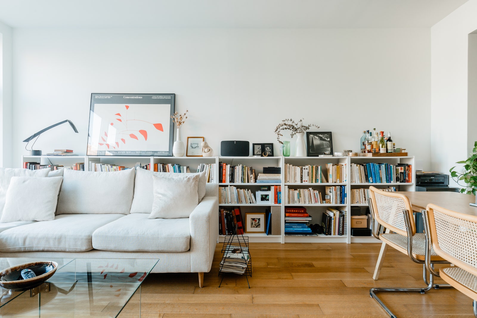 A sofa bookcase and dining table in an apartment